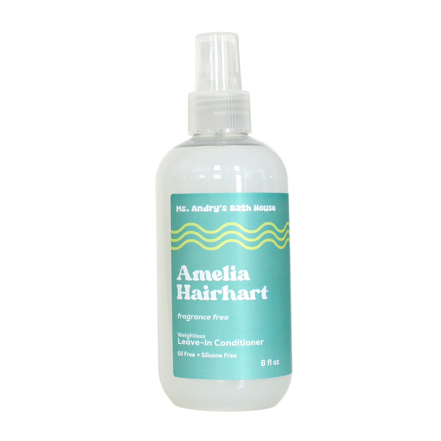 Bottle of Amelia Hairhart leave-in conditioner with a white label on a white background