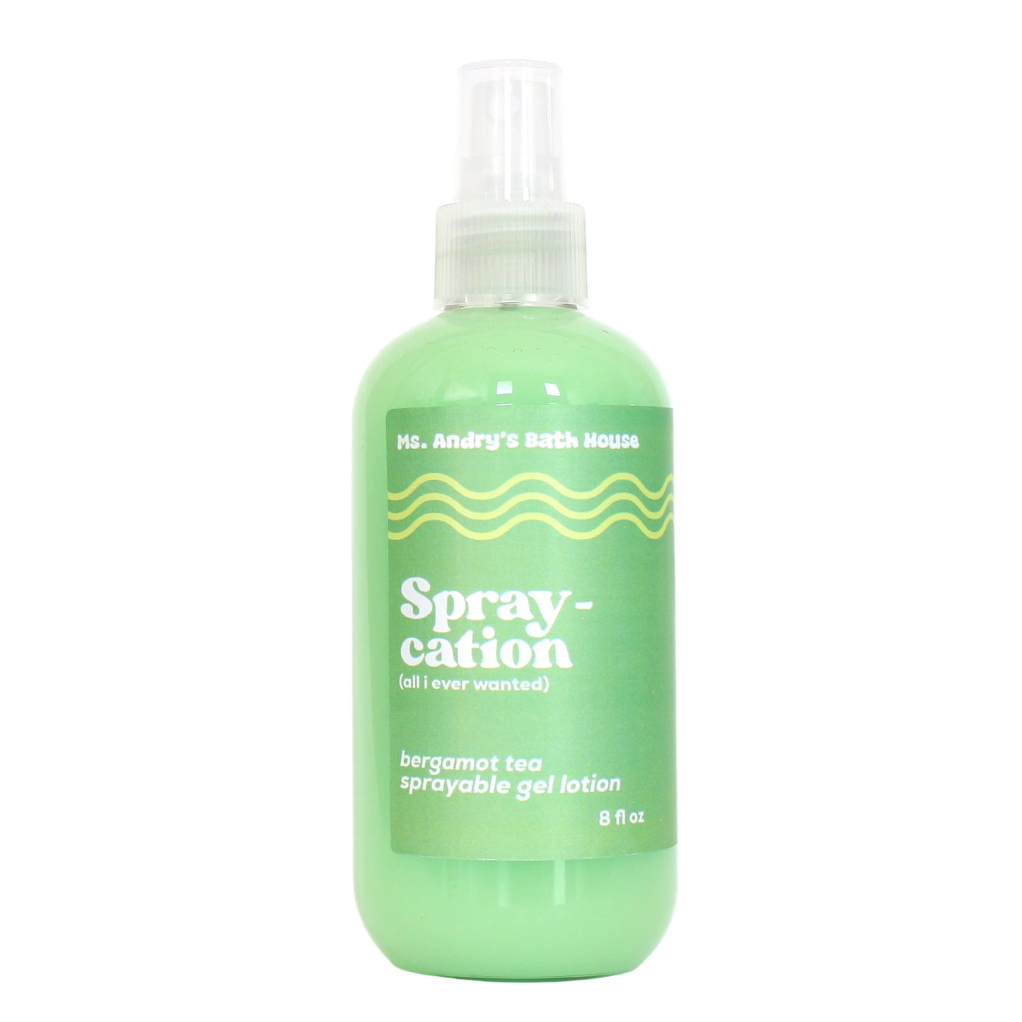 Green spray bottle labeled 'Spray-cation' on a white background