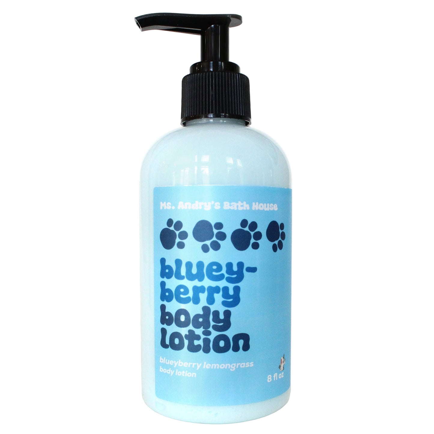 Bottle of bluey-berry body lotion with a pump on a white background