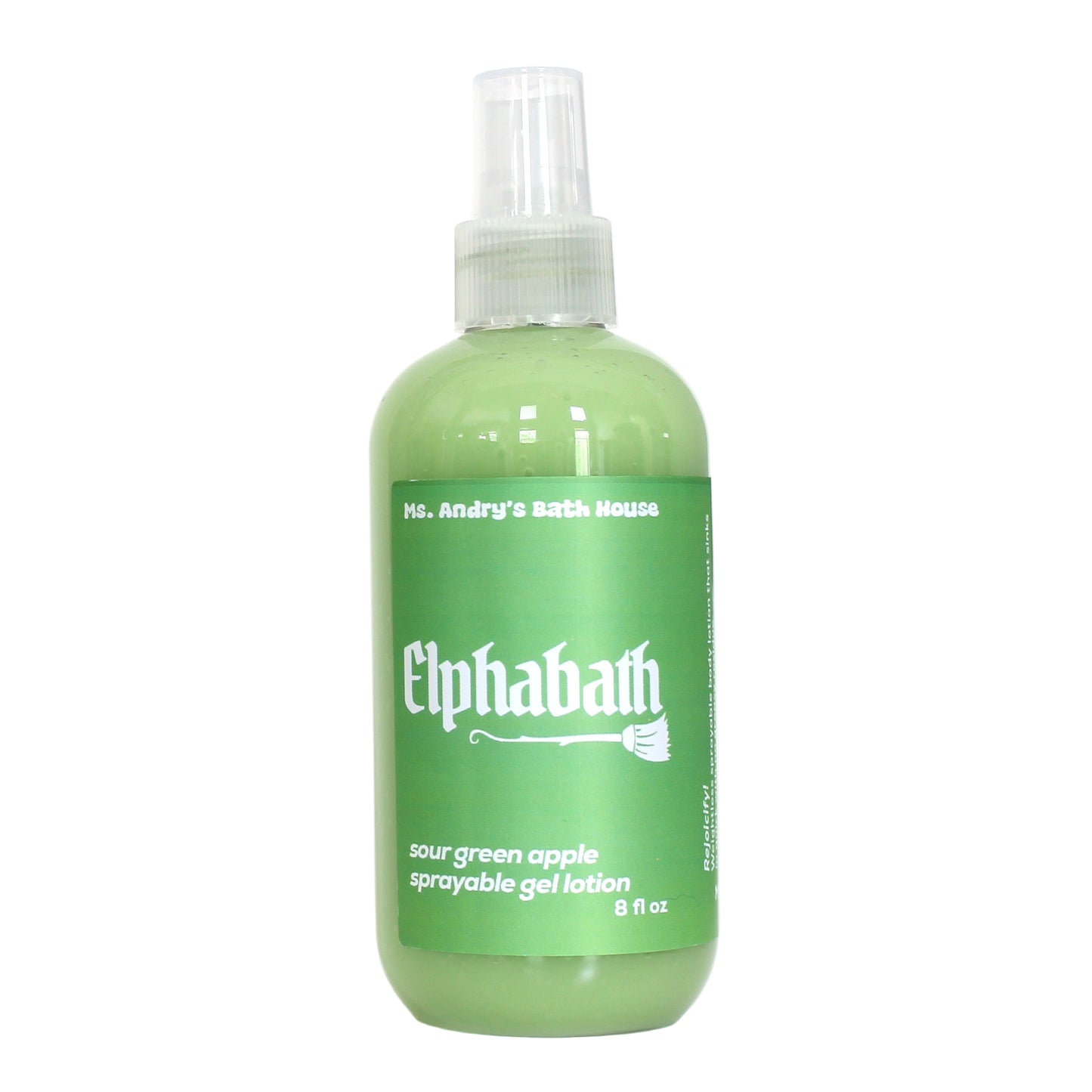 Green bottle of Elphabath sprayable gel lotion on a white background