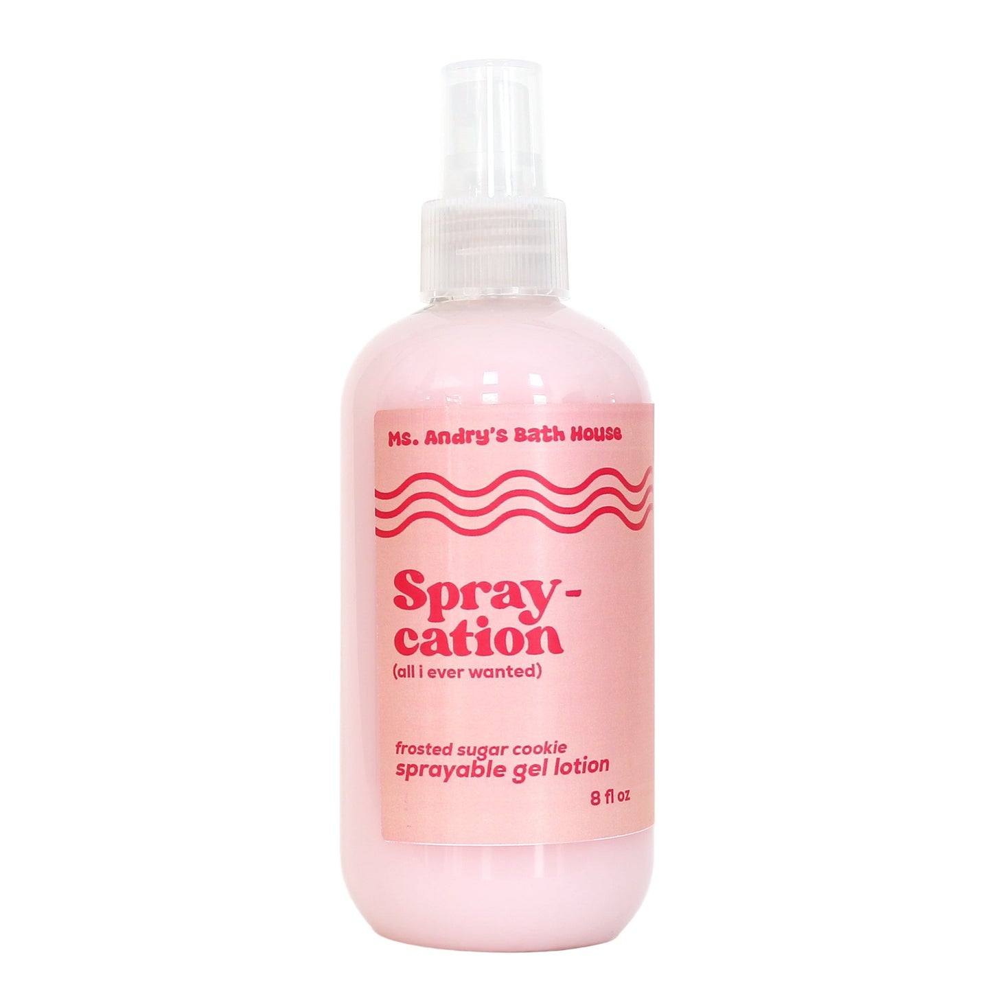 Pink bottle of 'Spray-cation' with red text on a white background