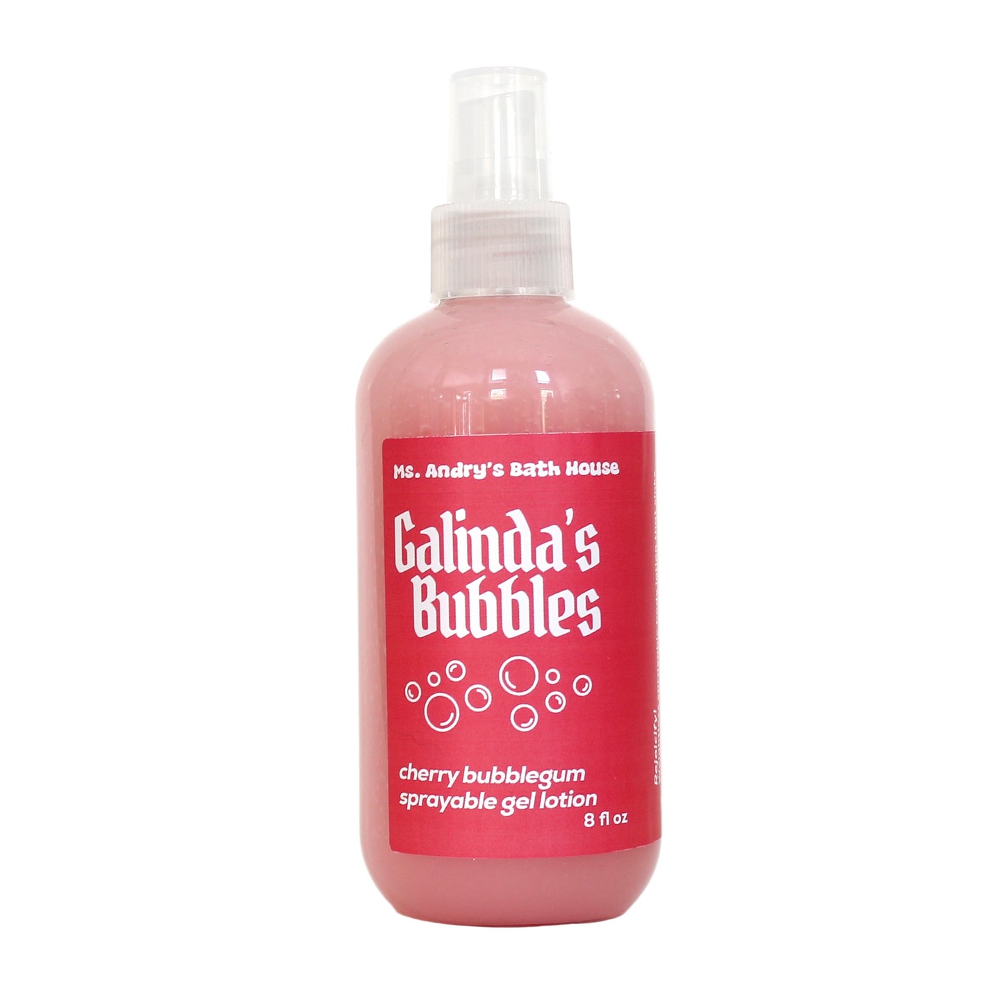 Bottle of 'Galinda's Bubbles' cherry bubblegum sprayable gel lotion on a white background