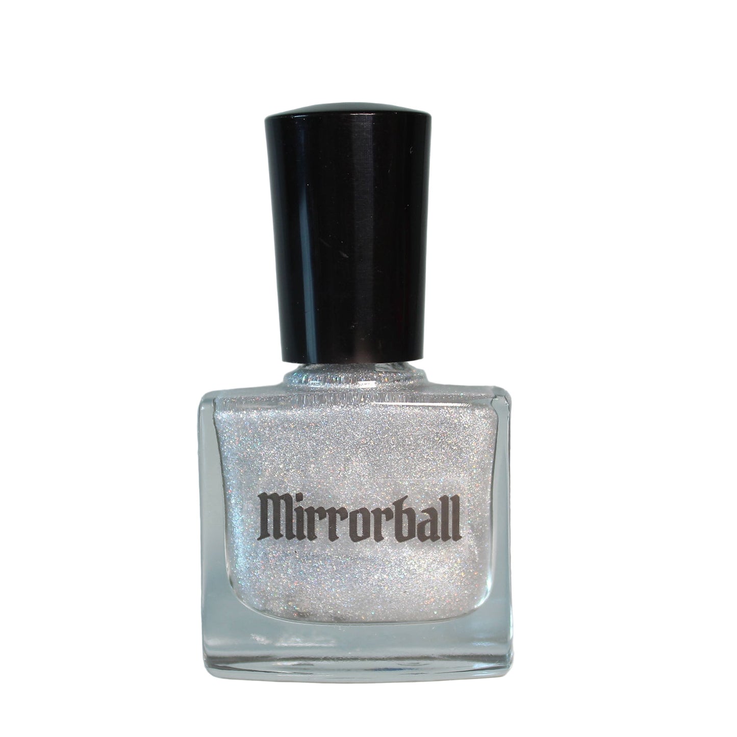 Silver glitter nail polish bottle with black cap on a gray background