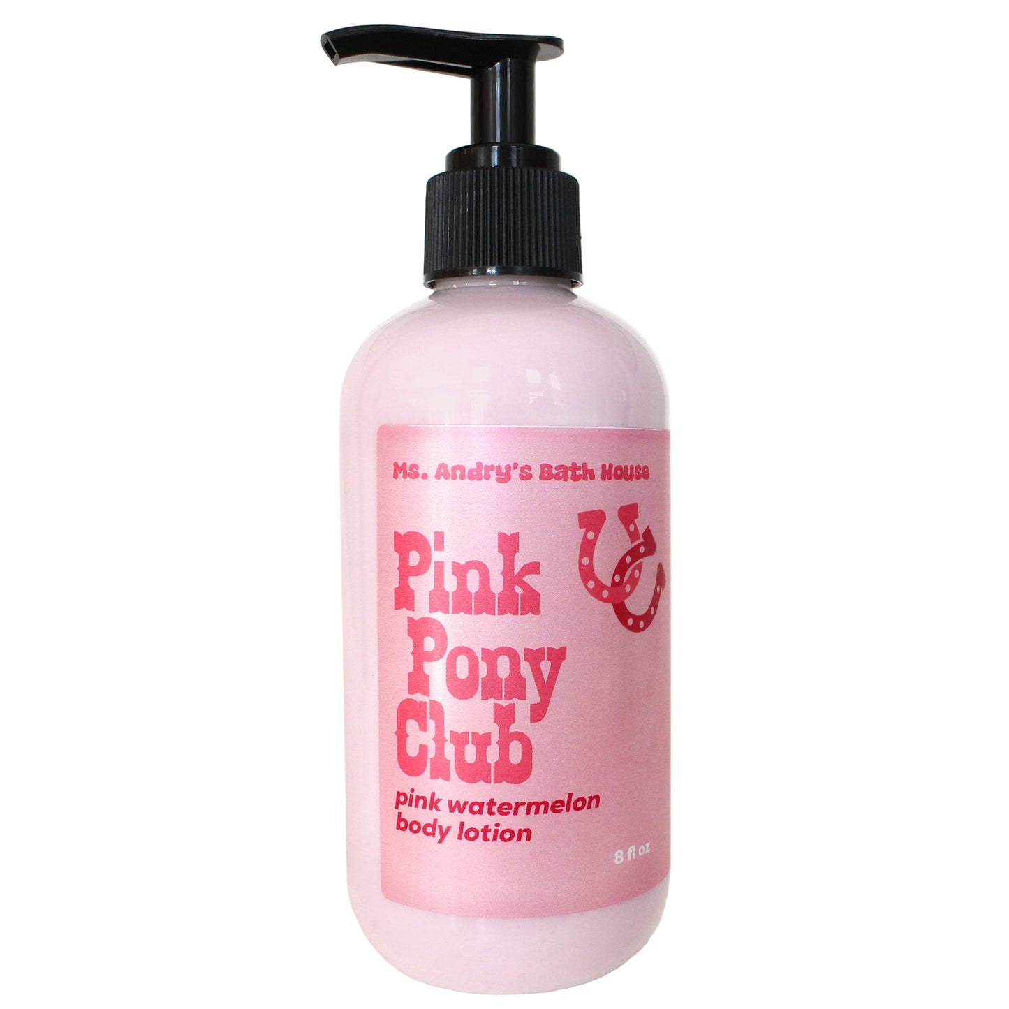 Pink bottle of 'Pink Pony Club' body lotion with a black pump on a white background