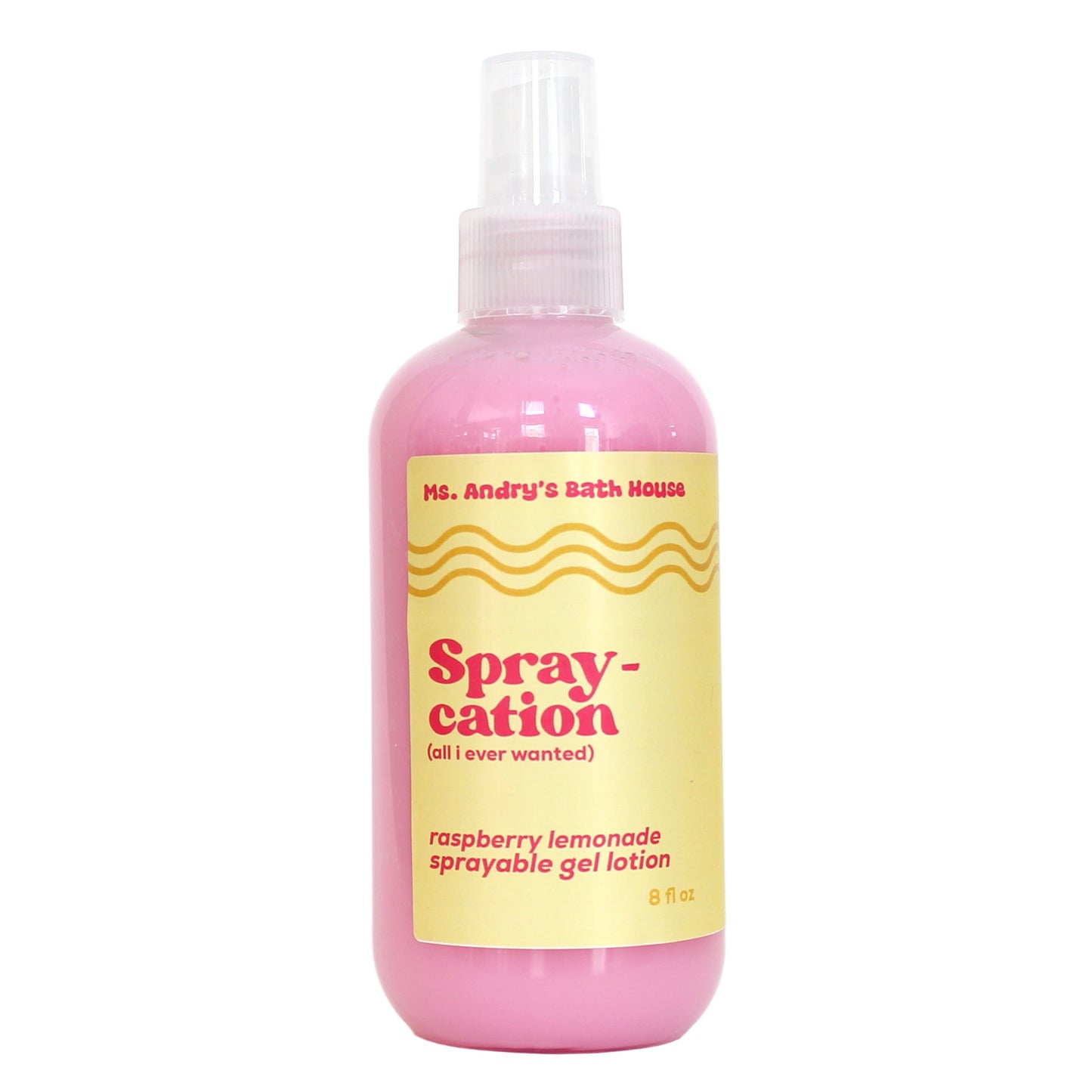 Pink spray bottle labeled 'Spray-cation' with a yellow label on a white background