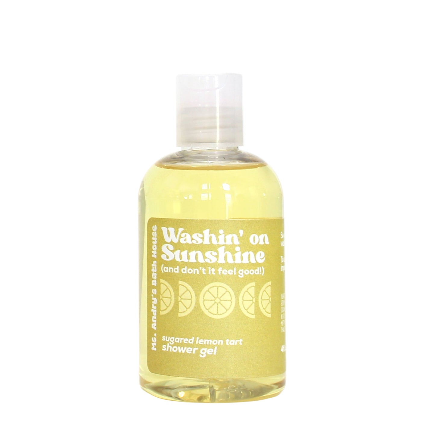 Bottle of 'Washin' on Sunshine' shower gel with lemon design on a white background