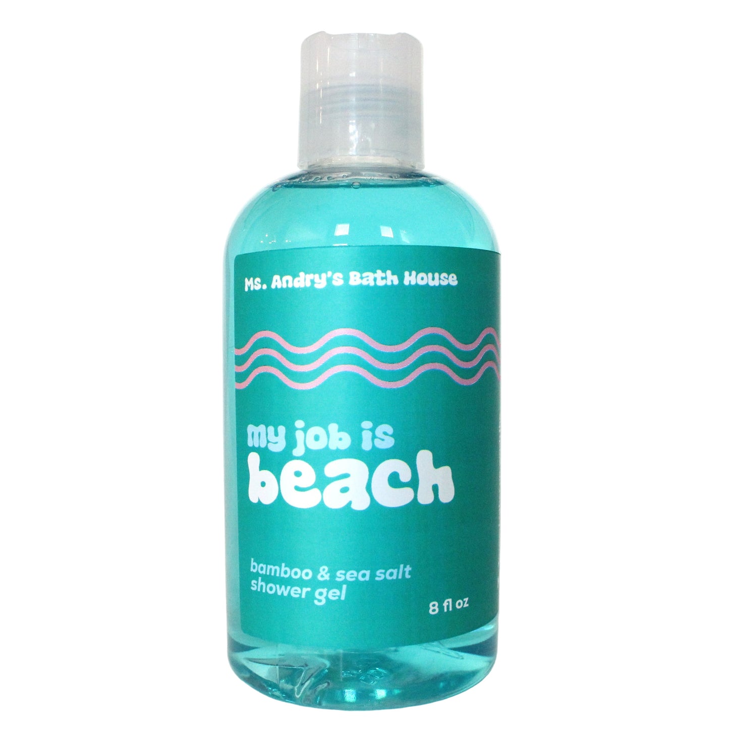 Bottle of 'my job is beach' shower gel with a white label on a white background