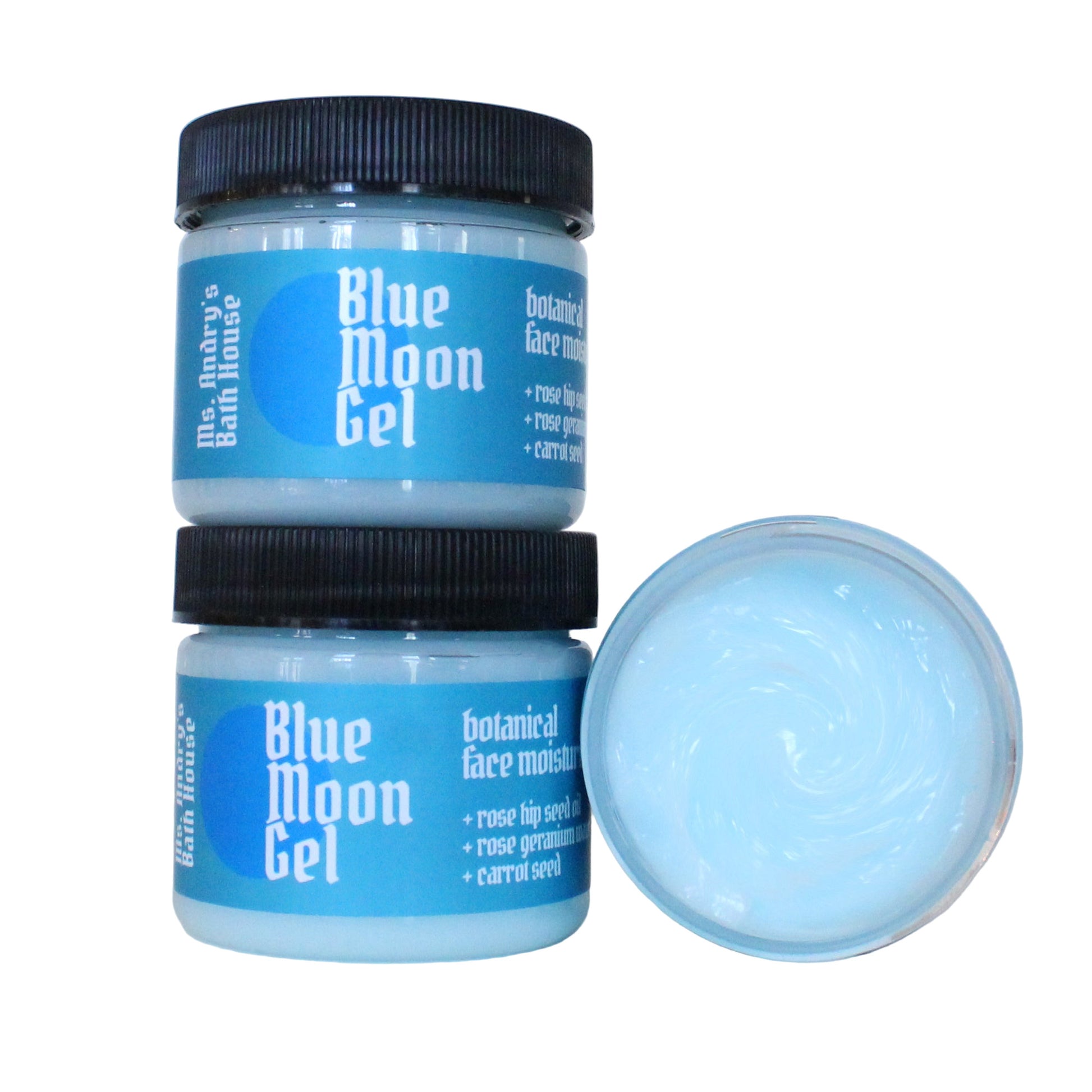 Two jars of Blue Moon Gel with a blue gel visible on a light gray background