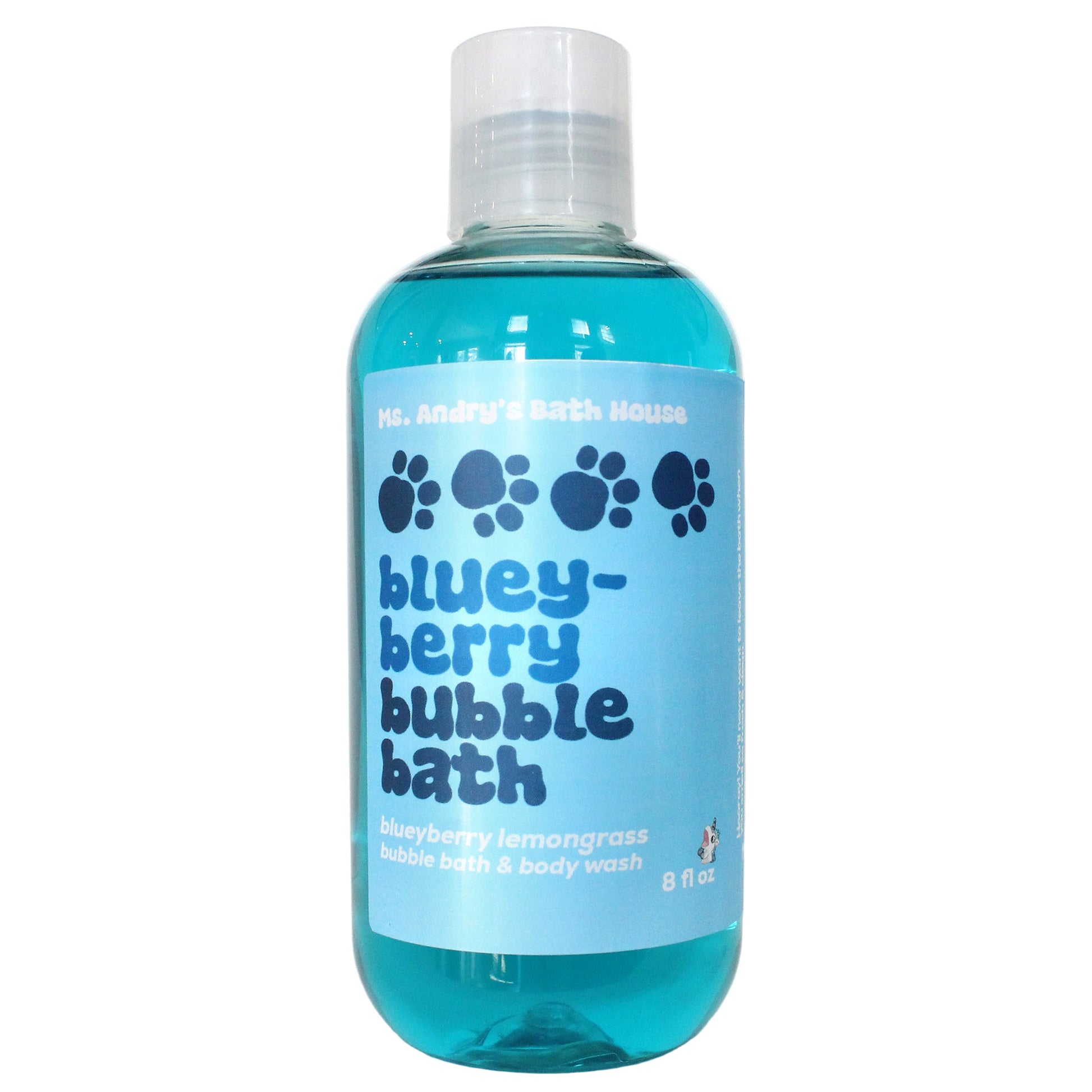 Blueberry bubble bath bottle with blue liquid on a white background