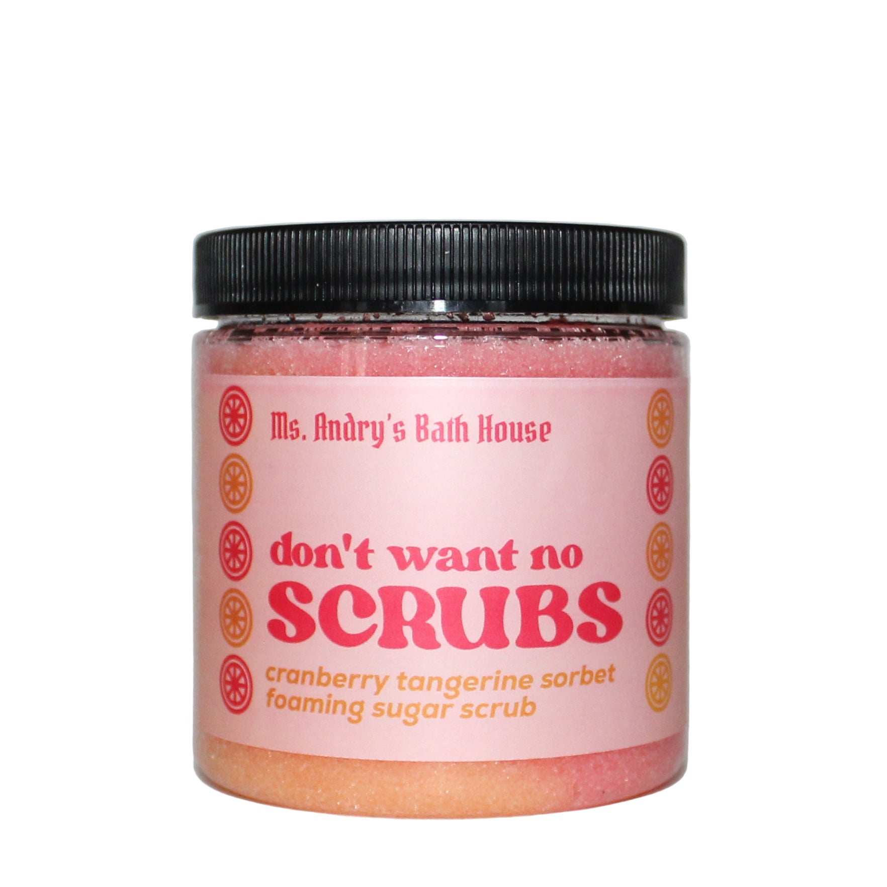 Jar of cranberry tangerine sorbet foaming sugar scrub with pink label on a white background