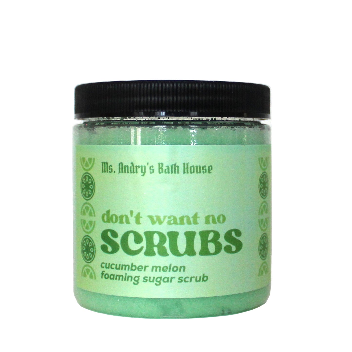 Green jar of Ms. Andy's Bath House scrub with black lid on a white background