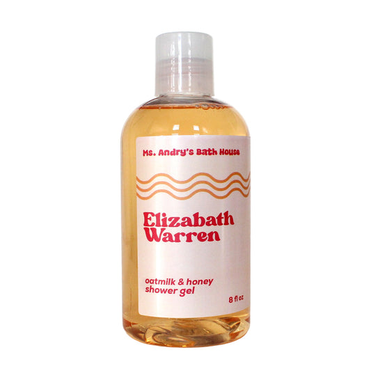 Bottle of Elizabeth Warren oatmilk & honey shower gel on a white background