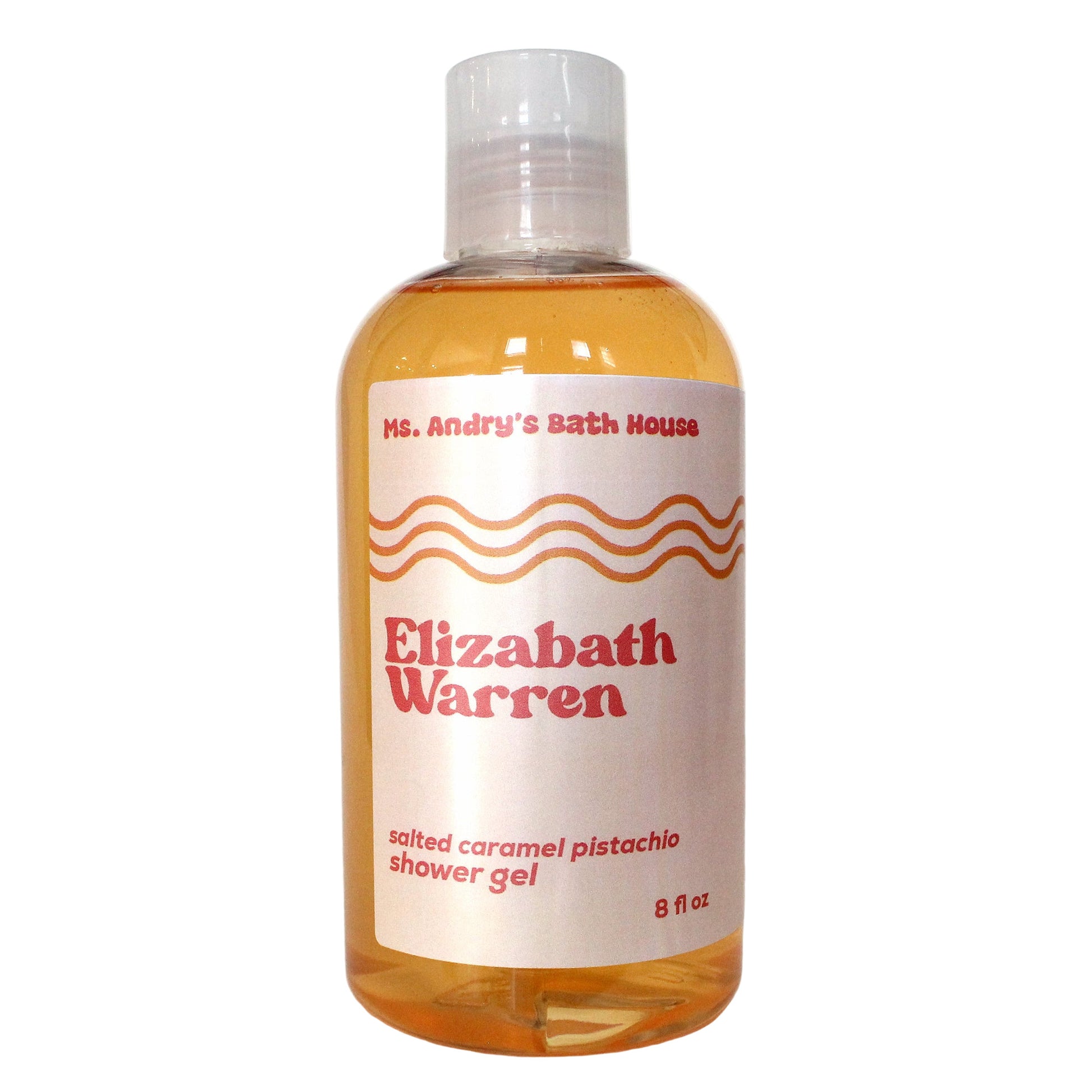 Bottle of Elizabeth Warren shower gel with a white label on a white background