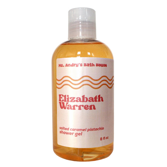 Bottle of Elizabeth Warren shower gel with a white label on a white background