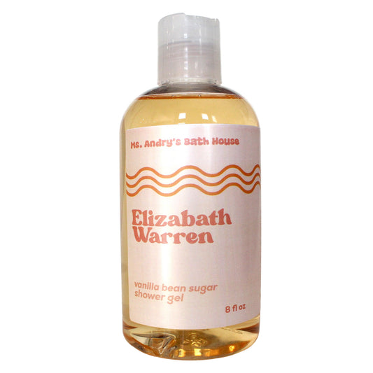 Bottle of Elizabeth Warren vanilla bean sugar shower gel with a white label on a white background