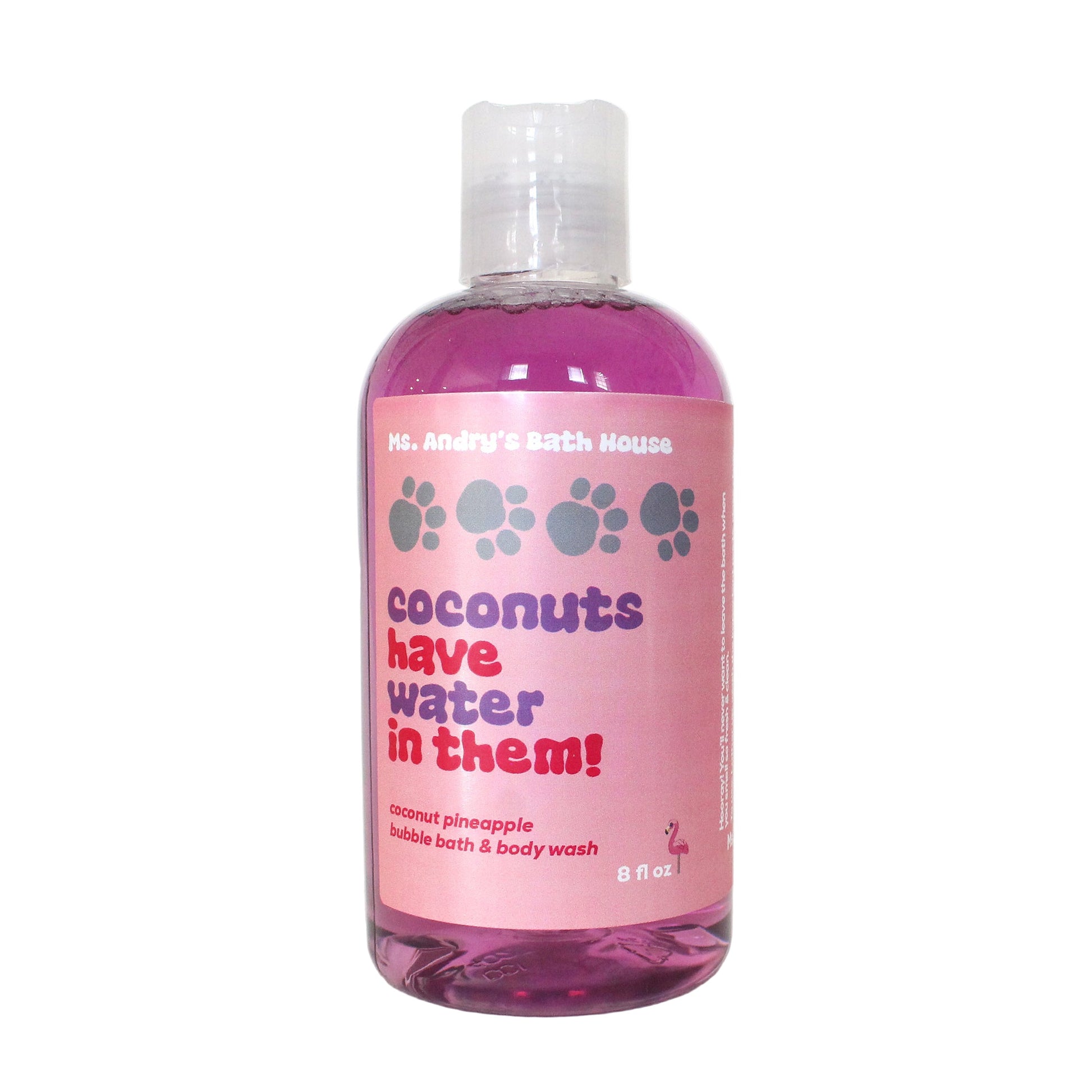 Pink bottle of pet bubble bath and body wash with text on a white background