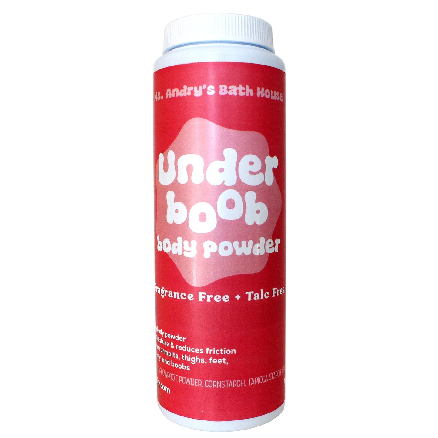 Red shaker bottle of 'Underboob' body powder with white text on a white background