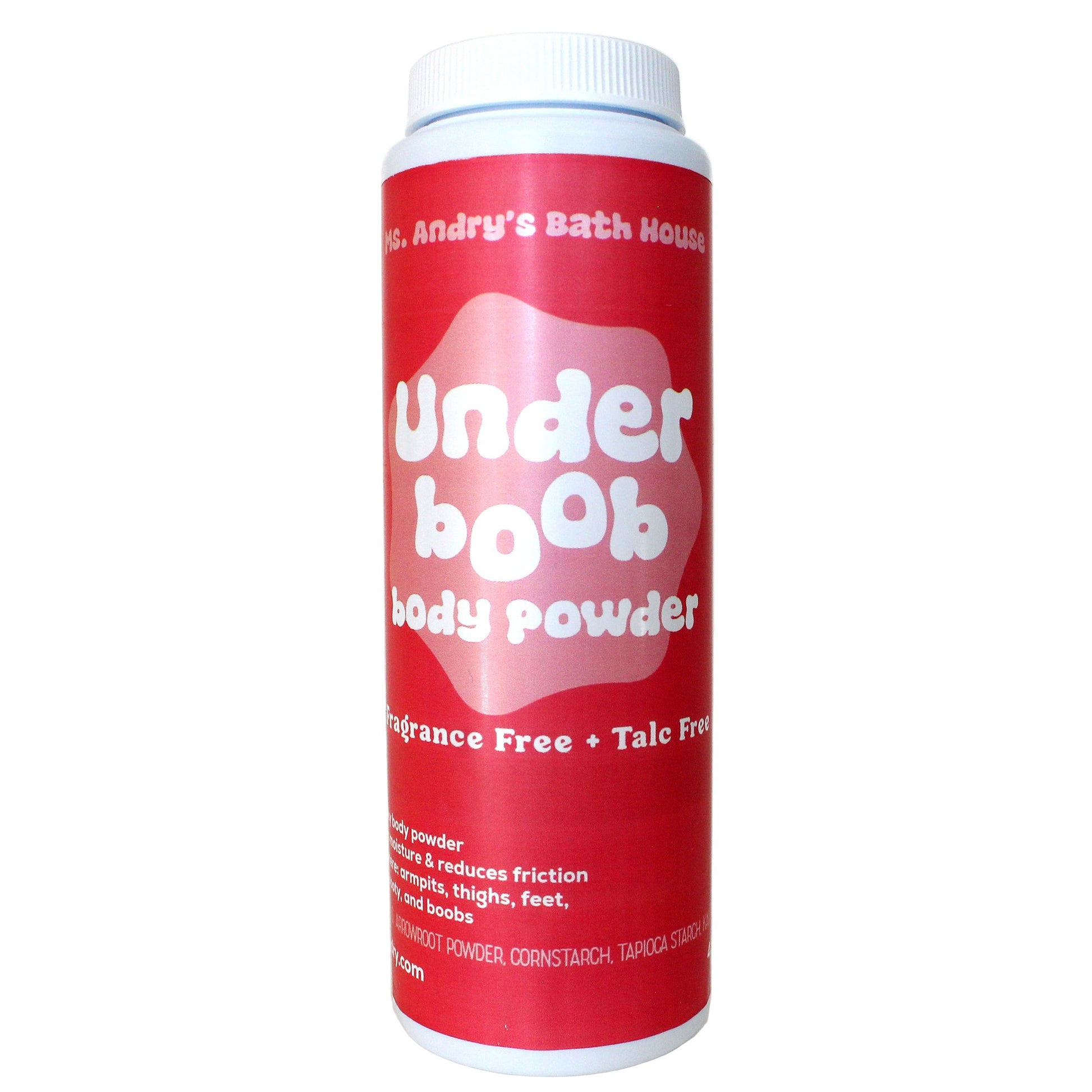 Red shaker bottle of 'Underboob' body powder with white text on a white background