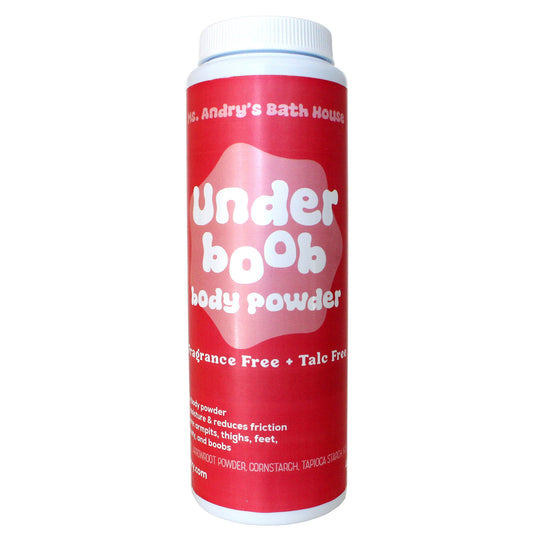 Red shaker bottle of 'Underboob' body powder with white text on a white background
