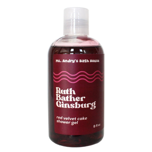 Bottle of Ruth Bader Ginsburg red velvet cake shower gel with a maroon label on a white background