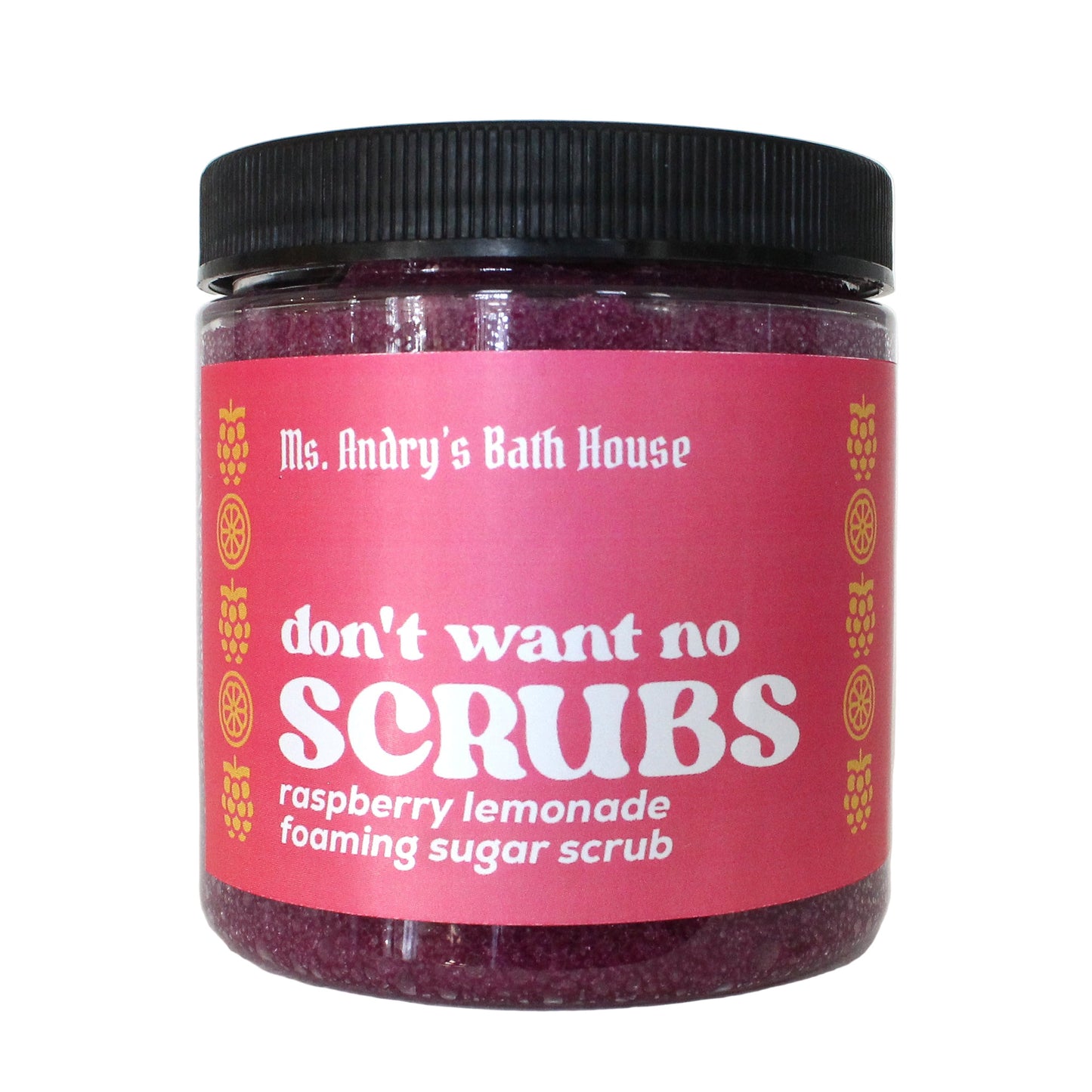 Jar of raspberry lemonade foaming sugar scrub with pink label and black lid on a white background