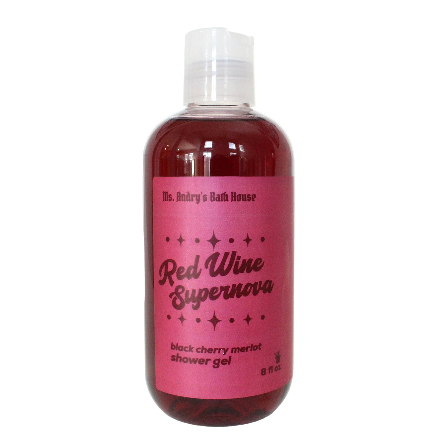 Bottle of 'Red Wine Supernova' shower gel with a pink label on a white background